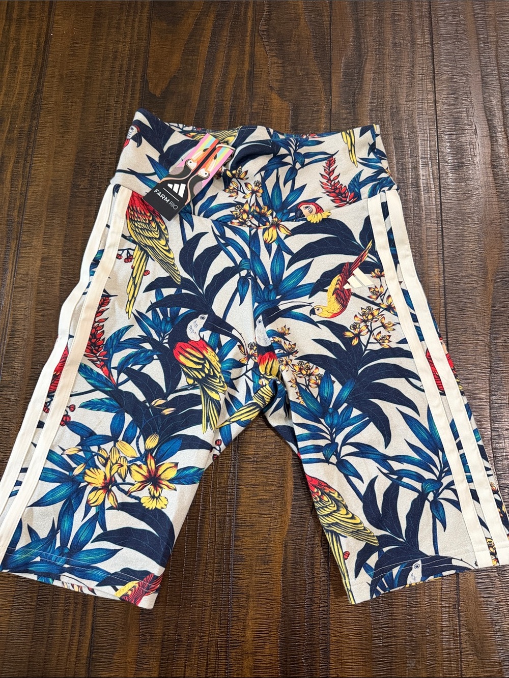 NWT FARM Rio Adidas Tropical Parrot Print Shorts in Cream, Blue & Yellow